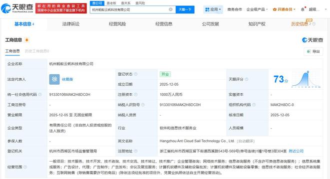 螞蟻集團成立云帆科技，注冊資本1000萬布局計算機軟硬件零售